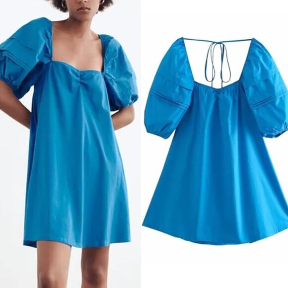 NWT Zara Blue Puff Sleeve Mini Dress - Picture 1 of 8